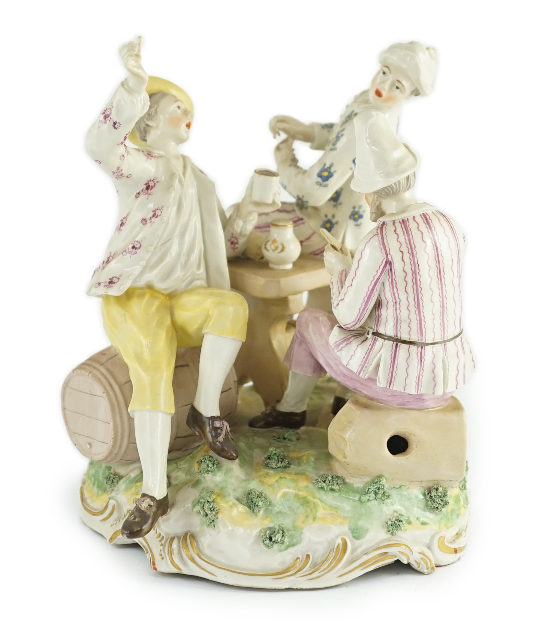 A Frankenthal porcelain group of three carousing men, c.1770-75, modelled by Karl Gottlieb Lück, 20cm high, 19cm wide, restored letter, Provenance - purchased from Winifred Williams, Eastbourne/London before 1970.